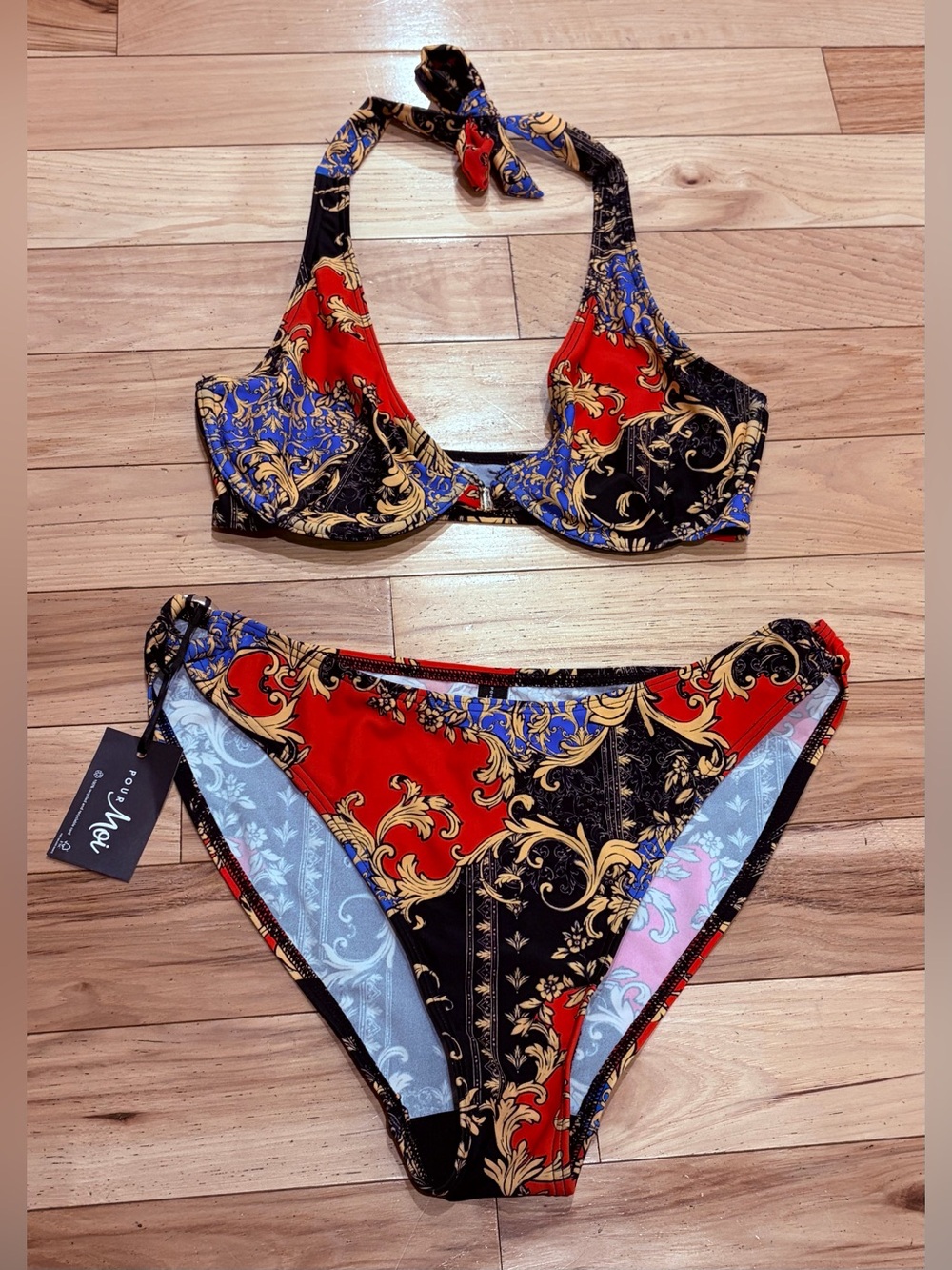 NWT Pour Moi Riviera Ring Detail High Waist Multicolored Bikini 2-Piece Swimsuit